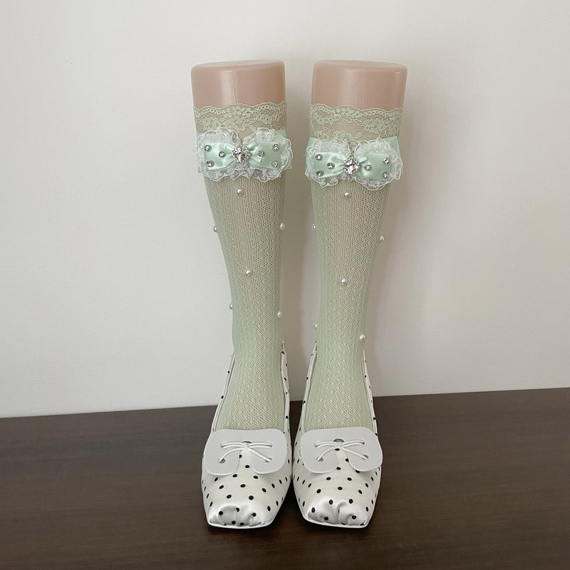 LolitaFetch Essentials Lace Ruffle Rhinestone Bow Slouch Calf Socks - image 12