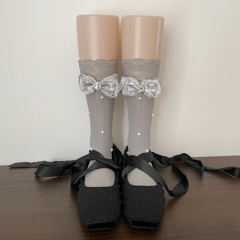 LolitaFetch Essentials Lace Ruffle Rhinestone Bow Slouch Calf Socks - image 13