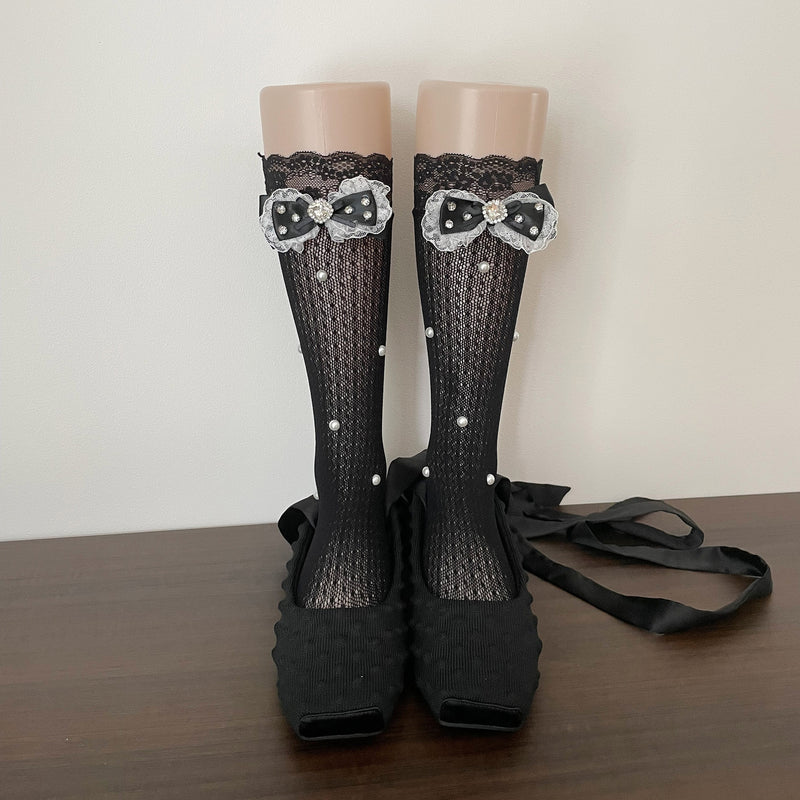 LolitaFetch Essentials Lace Ruffle Rhinestone Bow Slouch Calf Socks - image 15