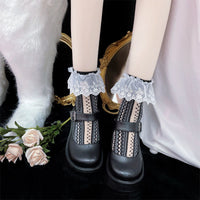 Lace Trim Crisscross Strap Socks - JK Sweet Lolita Socks - White Lace Black Strap / One Size
