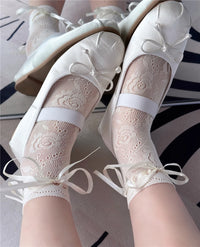Lace-Up Hollow-Out Bow Lace Ruffle Mesh Calf Socks - JK Sweet Lolita Socks - Milky White / One Size