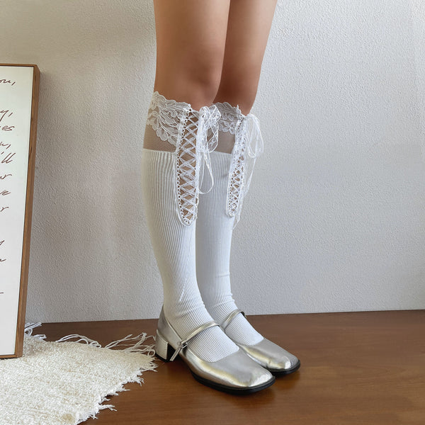 LolitaFetch Essentials Lace-Up Ribbon Jacquard Knee-High Socks - image 1