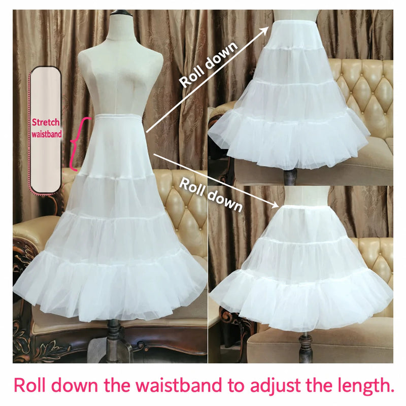 Roll-down stretch waistband adjusts petticoat length