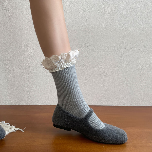 LolitaFetch Essentials Morandi Lace Ruffle Bow Faux Cashmere Crew Socks - image 1