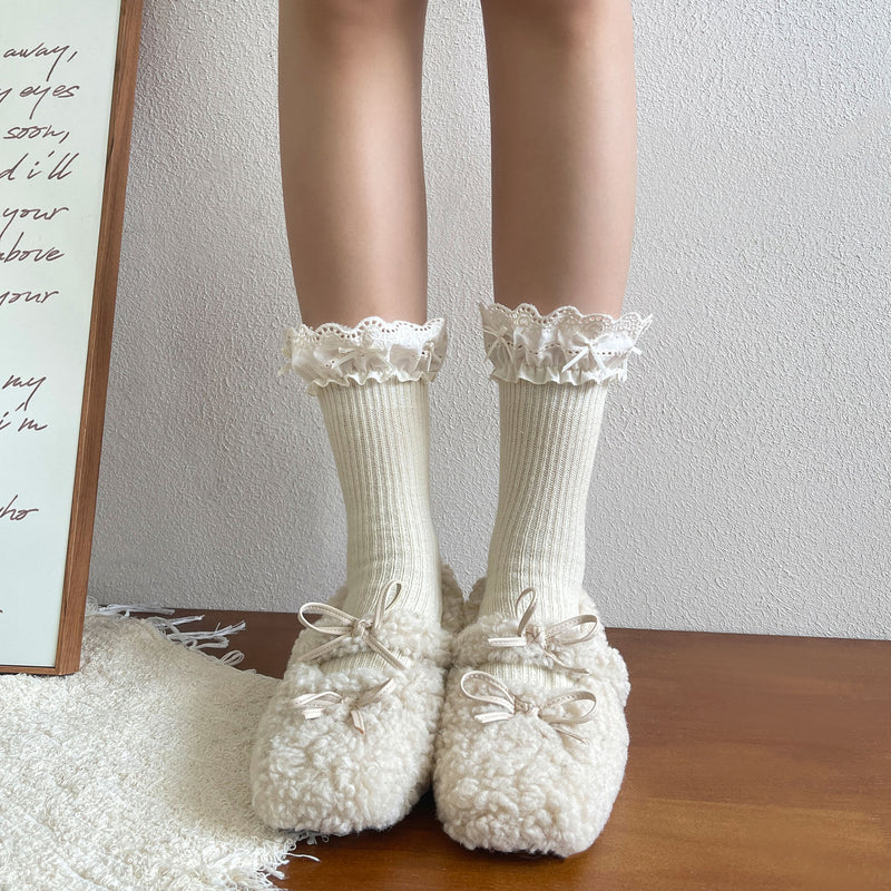 LolitaFetch Essentials Morandi Lace Ruffle Bow Faux Cashmere Crew Socks - image 3