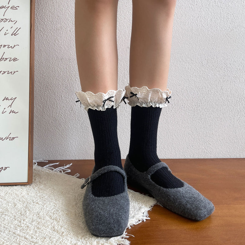 LolitaFetch Essentials Morandi Lace Ruffle Bow Faux Cashmere Crew Socks - image 4