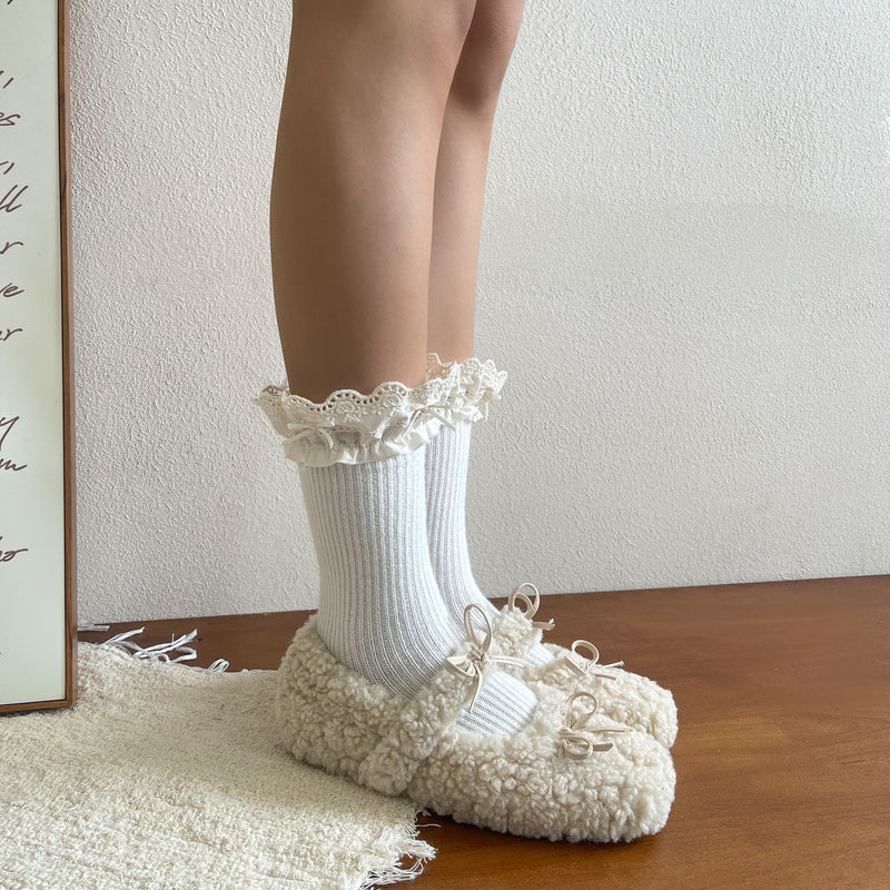 LolitaFetch Essentials Morandi Lace Ruffle Bow Faux Cashmere Crew Socks - image 5