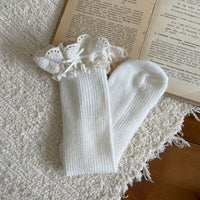 Morandi Lace Ruffle Bow Faux Cashmere Crew Socks - Sweet Lolita Mid-Calf Socks - White / One Size