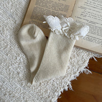 Morandi Lace Ruffle Bow Faux Cashmere Crew Socks - Sweet Lolita Mid-Calf Socks - Apricot / One Size