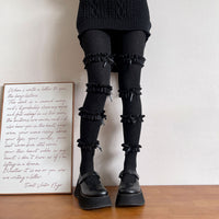 Multi Layer Lace Ruffle Bow Tights - Sweet Lolita Autumn Winter Leggings - Black / One Size