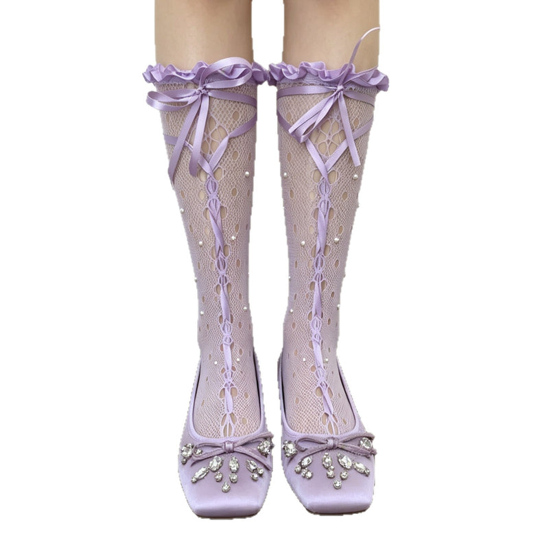 LolitaFetch Essentials Pearl Bow Lace Hollow-Out Ruffle Slouch Crew Socks - image 5