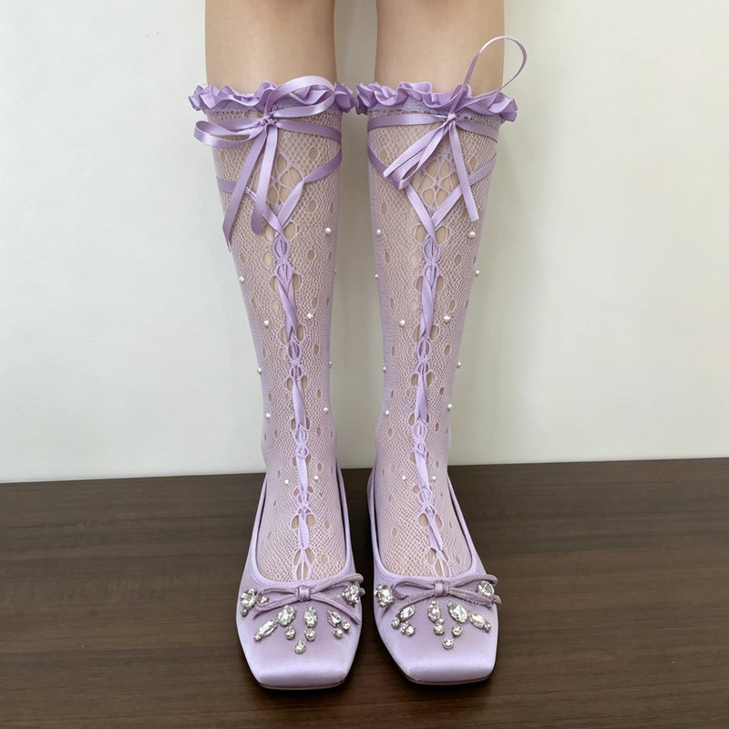 LolitaFetch Essentials Pearl Bow Lace Hollow-Out Ruffle Slouch Crew Socks - image 8