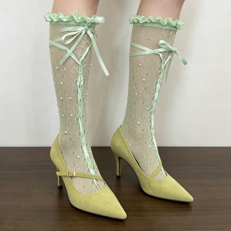 LolitaFetch Essentials Pearl Bow Lace Hollow-Out Ruffle Slouch Crew Socks - image 10