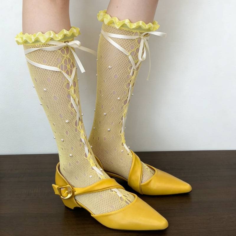 LolitaFetch Essentials Pearl Bow Lace Hollow-Out Ruffle Slouch Crew Socks - image 11