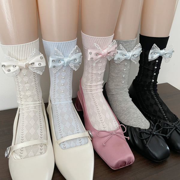 LolitaFetch Essentials Pearl Bow Lace Slouch Mid-Calf Crew Socks - image 1