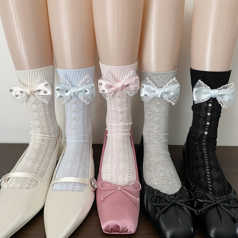 LolitaFetch Essentials Pearl Bow Lace Slouch Mid-Calf Crew Socks - image 3