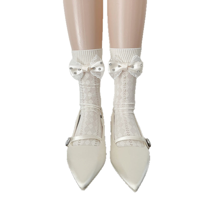 LolitaFetch Essentials Pearl Bow Lace Slouch Mid-Calf Crew Socks - image 5