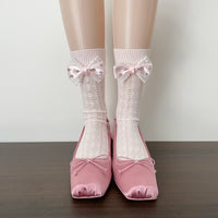 Pearl Bow Lace Slouch Mid-Calf Crew Socks - JK Sweet Lolita Socks - Pink / Simple bag