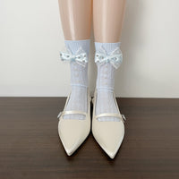 Pearl Bow Lace Slouch Mid-Calf Crew Socks - JK Sweet Lolita Socks - Blue / Simple bag