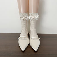 Pearl Bow Lace Slouch Mid-Calf Crew Socks - JK Sweet Lolita Socks - Khaki / Simple bag