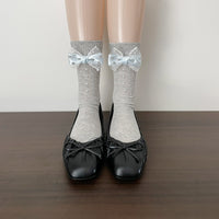 Pearl Bow Lace Slouch Mid-Calf Crew Socks - JK Sweet Lolita Socks - Gray / Simple bag