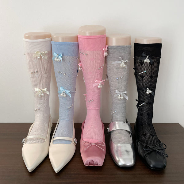 LolitaFetch Essentials Pearl Bow Rhinestone Slouch Crew Socks - image 1