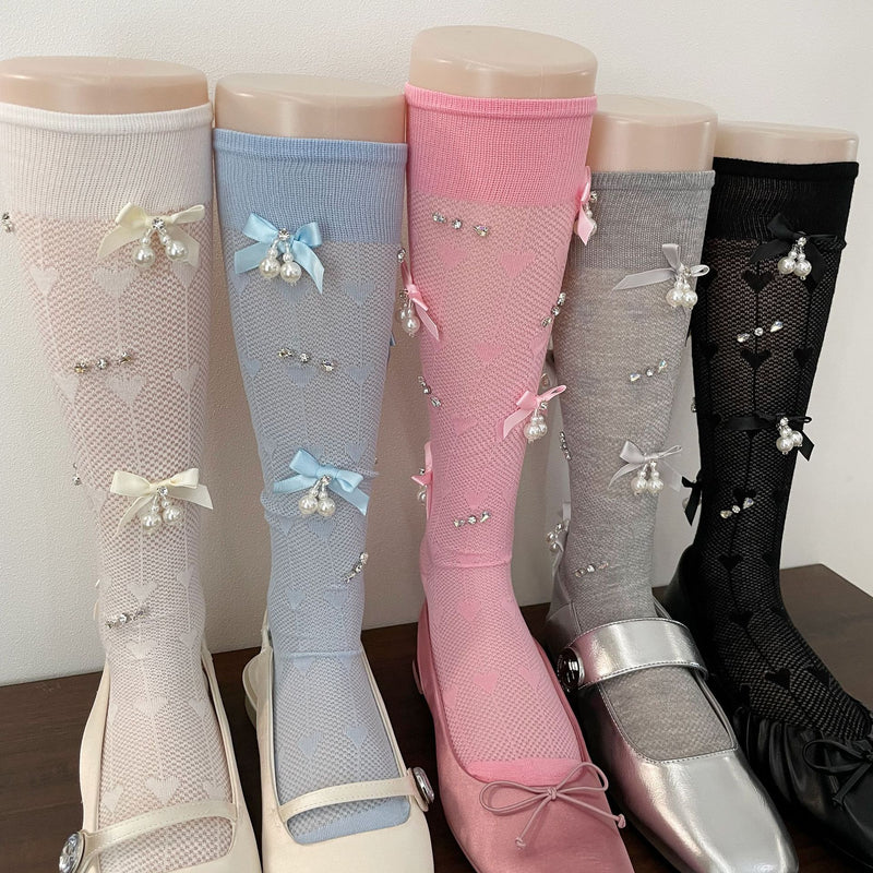 LolitaFetch Essentials Pearl Bow Rhinestone Slouch Crew Socks - image 3