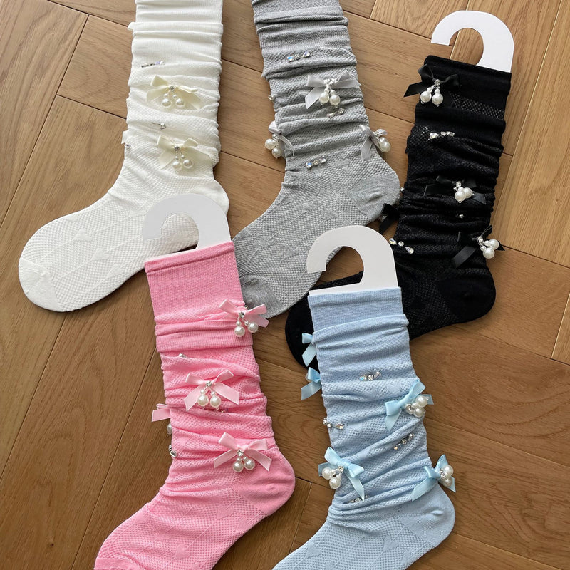 LolitaFetch Essentials Pearl Bow Rhinestone Slouch Crew Socks - image 4