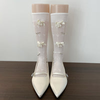 Pearl Bow Rhinestone Slouch Crew Socks - Vintage Sweet Lolita Calf Socks - White / Hardcover (sock board plastic seal)