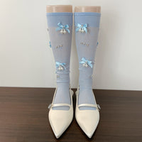 Pearl Bow Rhinestone Slouch Crew Socks - Vintage Sweet Lolita Calf Socks - Blue / Hardcover (sock board plastic seal)