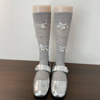 Pearl Bow Rhinestone Slouch Crew Socks - Vintage Sweet Lolita Calf Socks - Gray / Hardcover (sock board plastic seal)