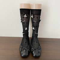 Pearl Bow Rhinestone Slouch Crew Socks - Vintage Sweet Lolita Calf Socks - Black / Hardcover (sock board plastic seal)