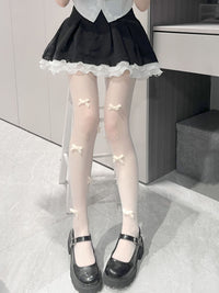 Pearl Bow White Tights - JK Sweet Lolita Leggings - Cream White Rice Bow / One Size