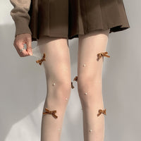 Pearl Bow White Tights - JK Sweet Lolita Leggings - Cream White Brown Bow / One Size