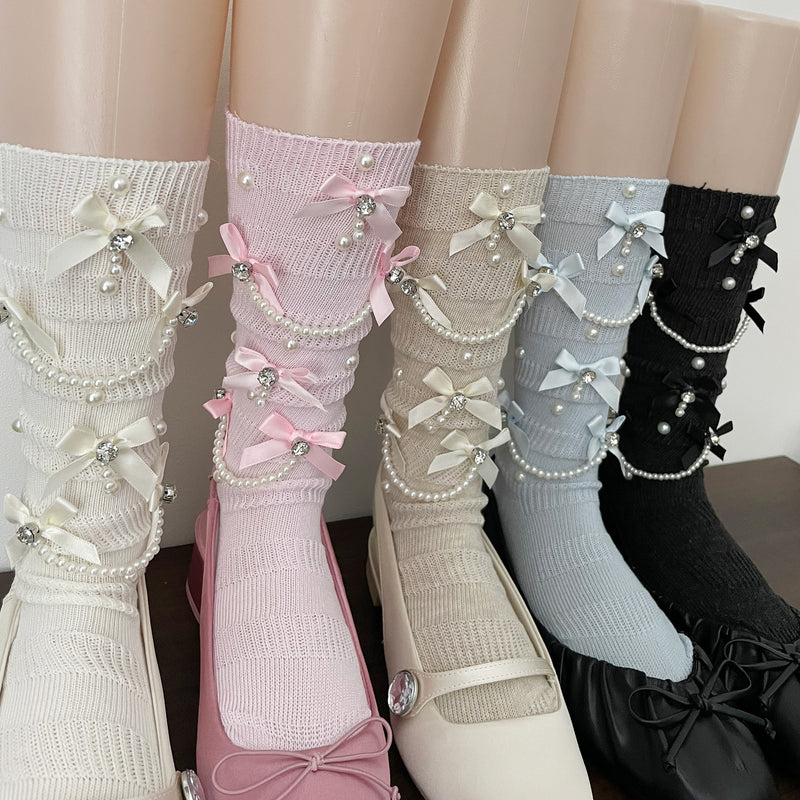 LolitaFetch Essentials Pearl Chain Bow Slouch Crew Socks - image 1