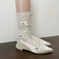 Pearl Chain Bow Slouch Crew Socks - Vintage Sweet Ballet Lolita Socks - Milky White / Simple bag