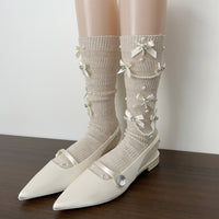 Pearl Chain Bow Slouch Crew Socks - Vintage Sweet Ballet Lolita Socks - Khaki / Simple bag