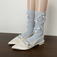Pearl Chain Bow Slouch Crew Socks - Vintage Sweet Ballet Lolita Socks - Blue / Simple bag