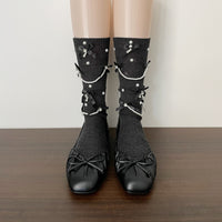 Pearl Chain Bow Slouch Crew Socks - Vintage Sweet Ballet Lolita Socks - Gray / Simple bag