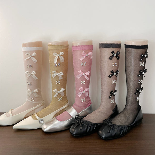 LolitaFetch Essentials Pearl Rhinestone Bow Slouch Crew Socks - image 1