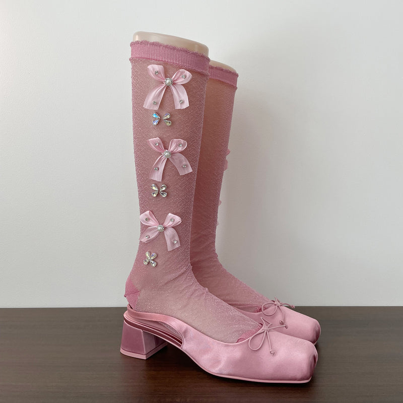LolitaFetch Essentials Pearl Rhinestone Bow Slouch Crew Socks - image 4