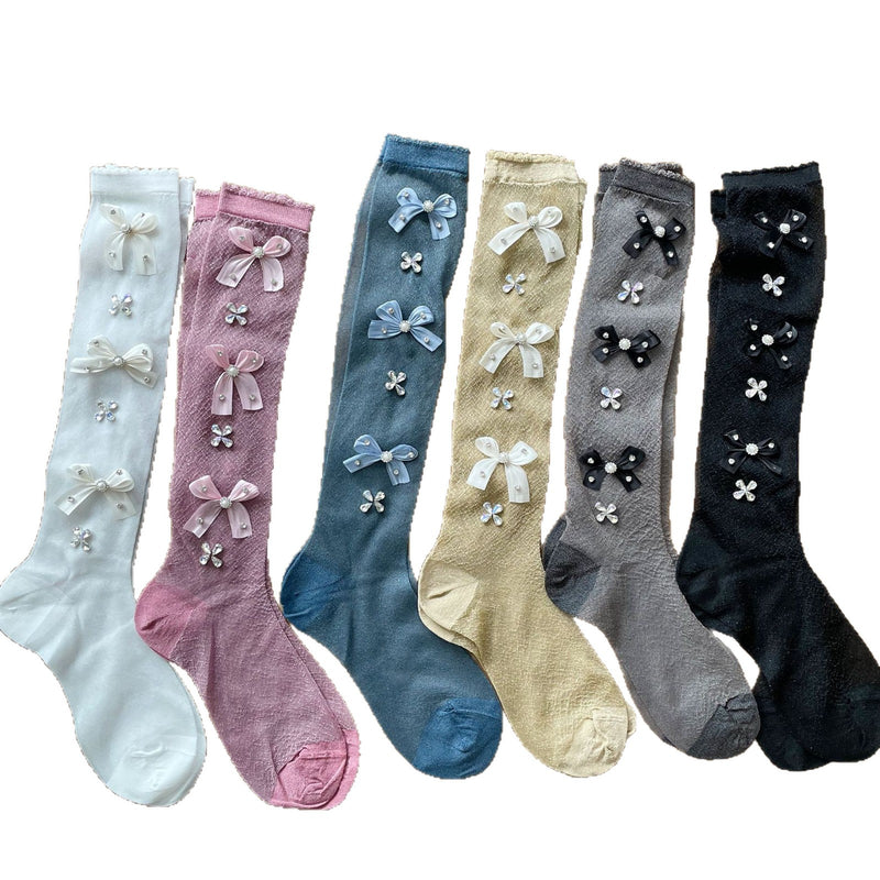 LolitaFetch Essentials Pearl Rhinestone Bow Slouch Crew Socks - image 5