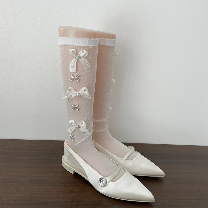 LolitaFetch Essentials Pearl Rhinestone Bow Slouch Crew Socks - image 6