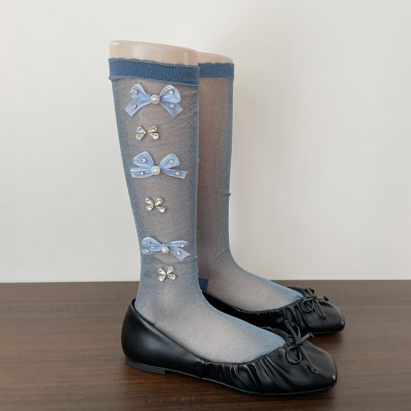 LolitaFetch Essentials Pearl Rhinestone Bow Slouch Crew Socks - image 8