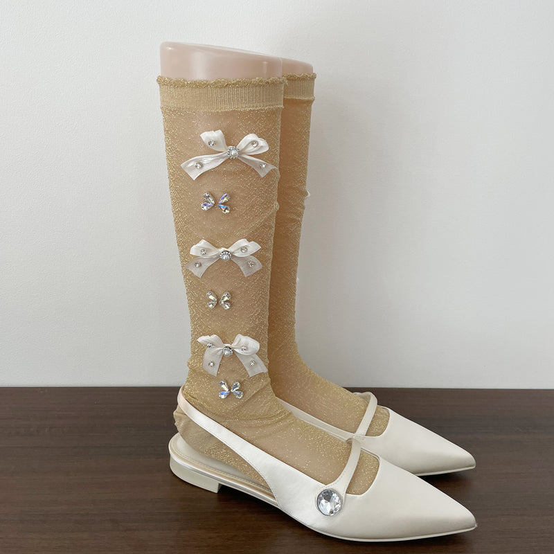 LolitaFetch Essentials Pearl Rhinestone Bow Slouch Crew Socks - image 9