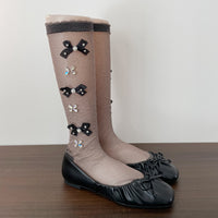 Pearl Rhinestone Bow Slouch Crew Socks - Vintage Sweet Lolita Mid-Calf Socks - Gray / Simple bag