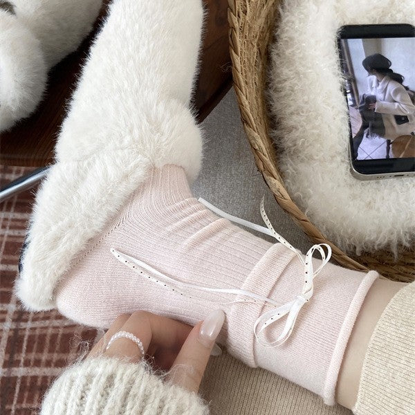 LolitaFetch Essentials Pink White Bow Fleece-Lined Slouch Socks - image 1
