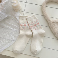 Pink White Bow Fleece-Lined Slouch Socks - Sweet Lolita Socks - Faroe White / One Size