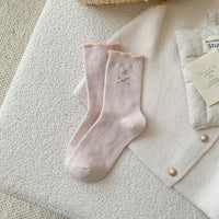 Pink White Bow Fleece-Lined Slouch Socks - Sweet Lolita Socks - Pink Button / One Size