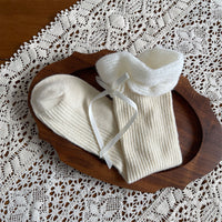Plush Ruffle Bow Faux Cashmere Slouch Crew Socks - Preppy Sweet Lolita Socks - Apricot / One Size